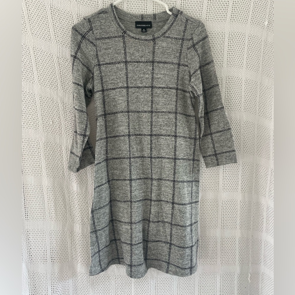 Knit plaid three quarter sleeve Dress